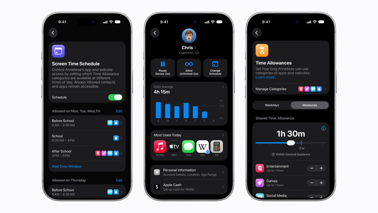 iPhone'da Ekran Süresi programı, çocuk profili özeti ve süre bütçesi ayarlarını gösteren üç ekran.