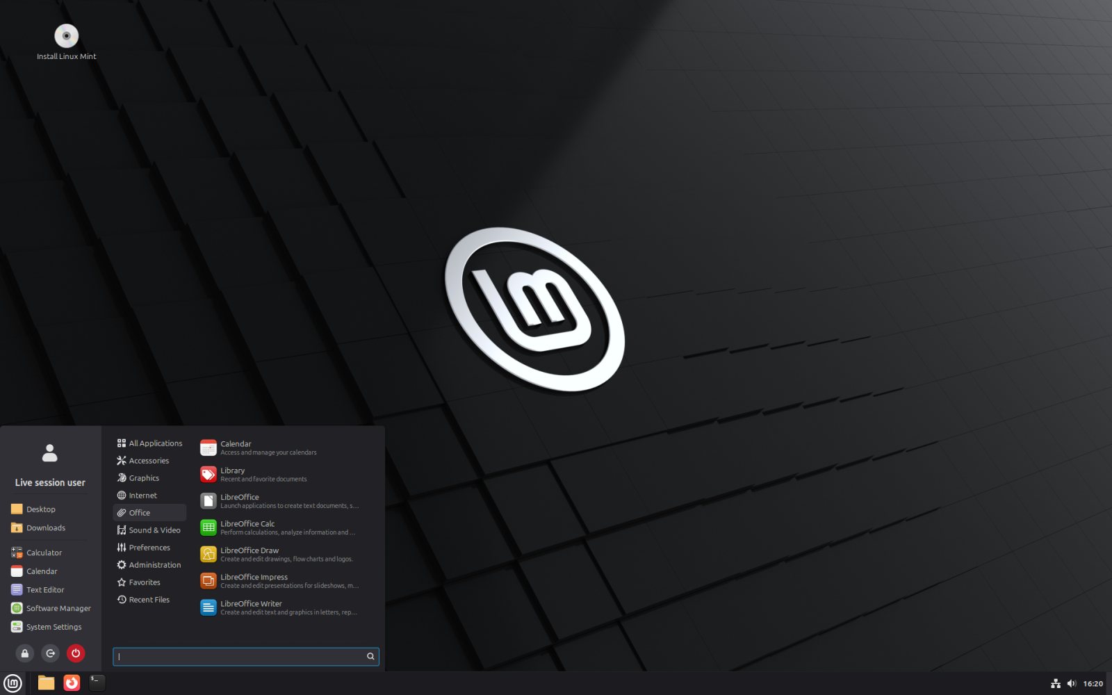 Linux Mint 22.3 "Zena" Cinnamon sürümünün masaüstü ve uygulama menüsü.