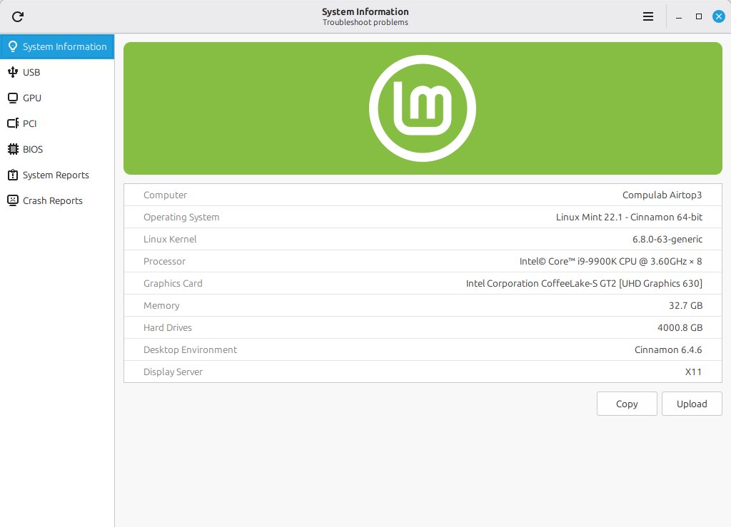 Linux Mint 22.3 ile gelen yeni Sistem Bilgisi (System Information) aracının ekran görüntüsü.
