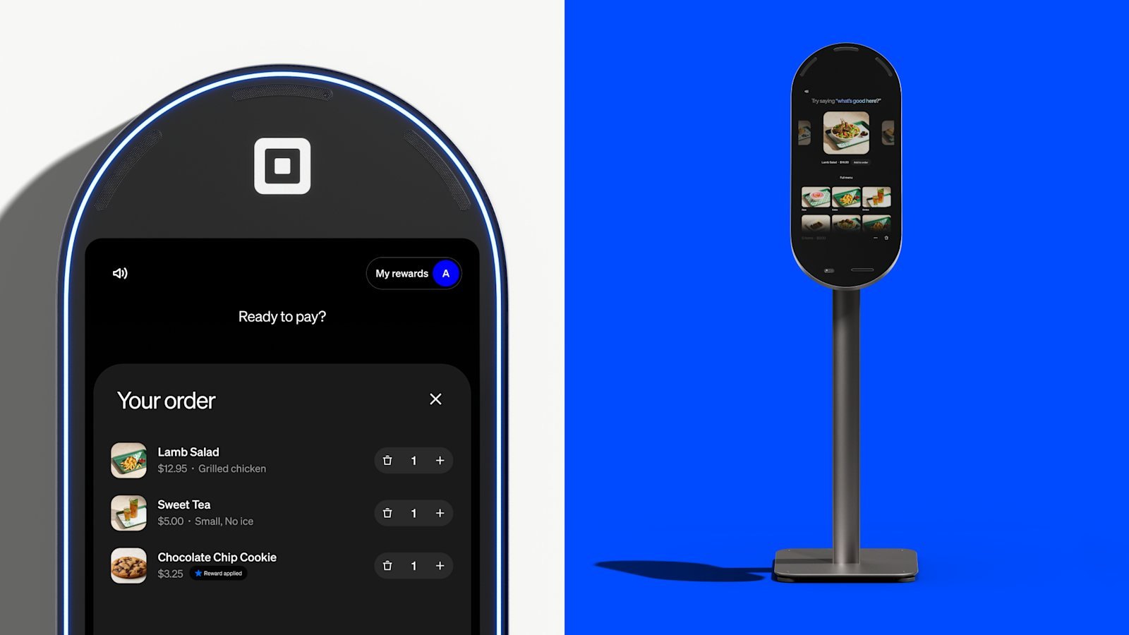 Square Kiosk'un dikey ekranında sipariş özeti ve ödeme adımı görülüyor.