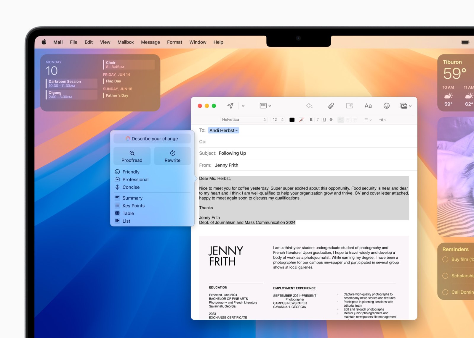 Apple Intelligence'ın Çin'e gelmesi beklenen Yazma Araçları, Mac'teki Mail uygulamasında bir e-posta üzerinde gösteriliyor.