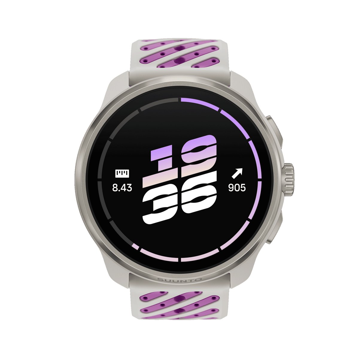 Suunto Race 3S'in mor desenli kayışa sahip açık renkli titanyum sürümünün önden görünümü.