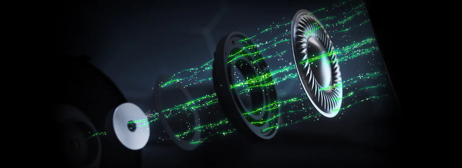 Razer'ın 40 mm TriForce Bio-Cellulose sürücüsünü katmanlarıyla gösteren resmi görsel.