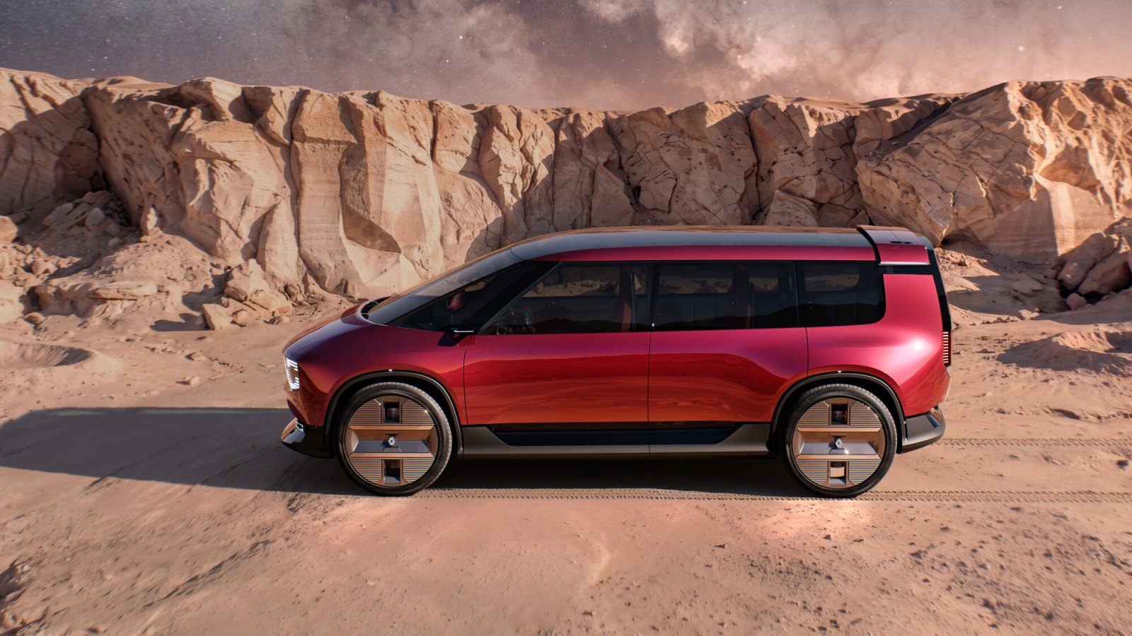 Renault E-Space Concept'in yandan görünümü; cam kabin ve siyah taban bölümü dikkat çekiyor.