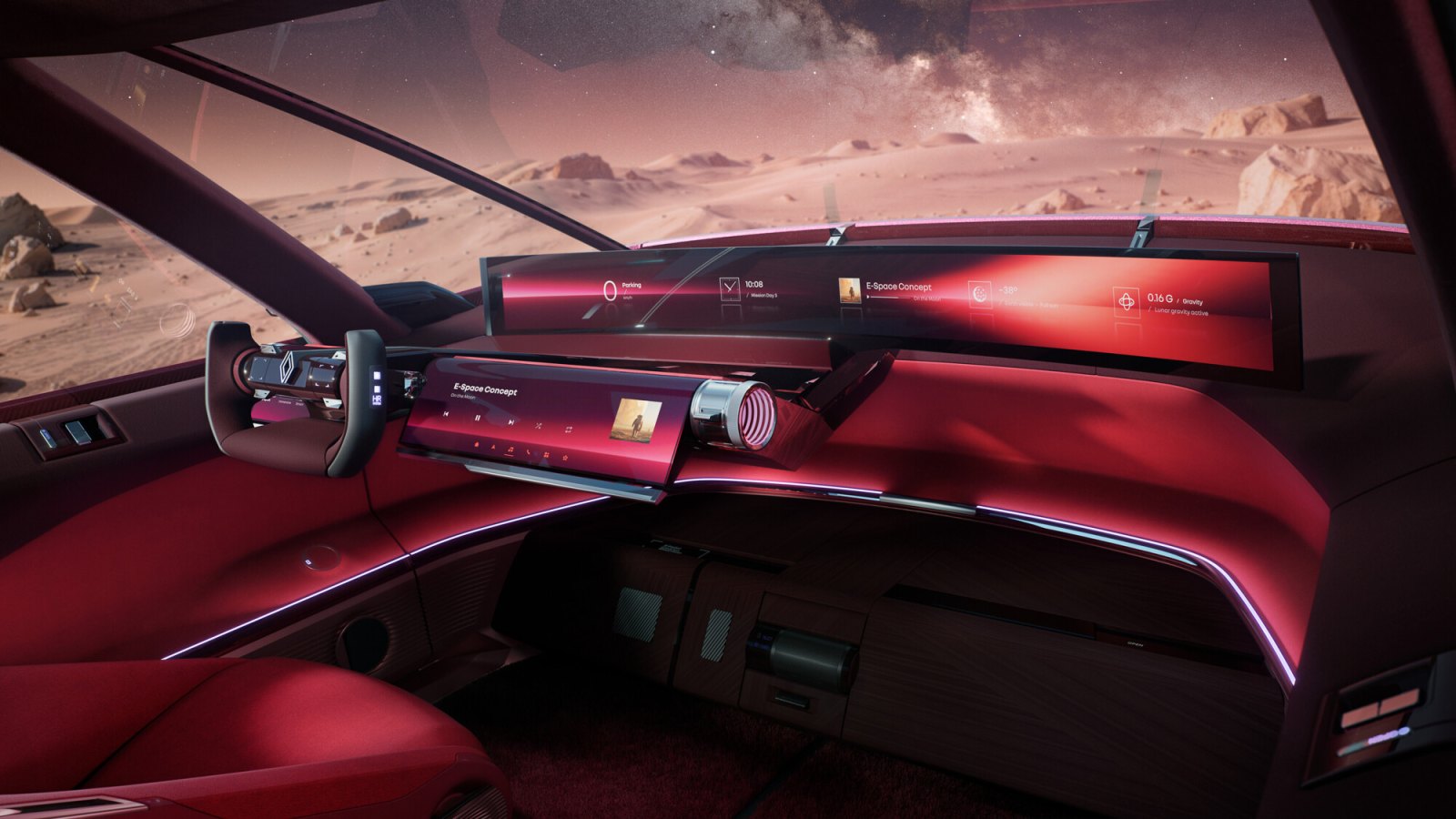 E-Space Concept'in direkten direğe uzanan OpenR Panorama ekranı ve kompakt direksiyonu.