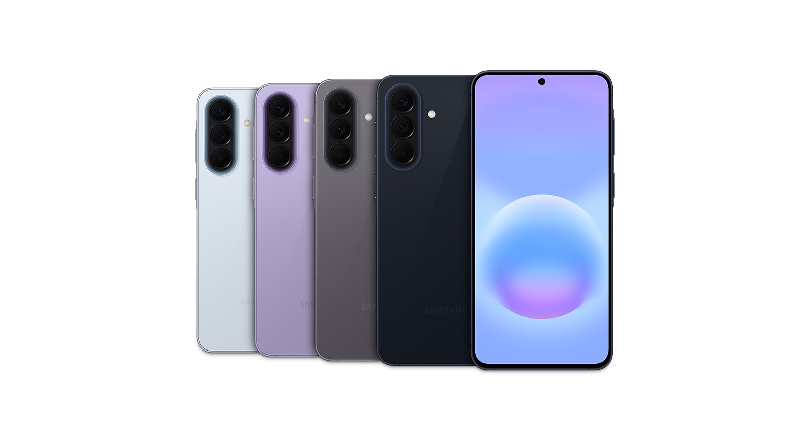 Galaxy A57 5G; Awesome Icyblue, Lilac, Gray ve Navy renk seçenekleri.